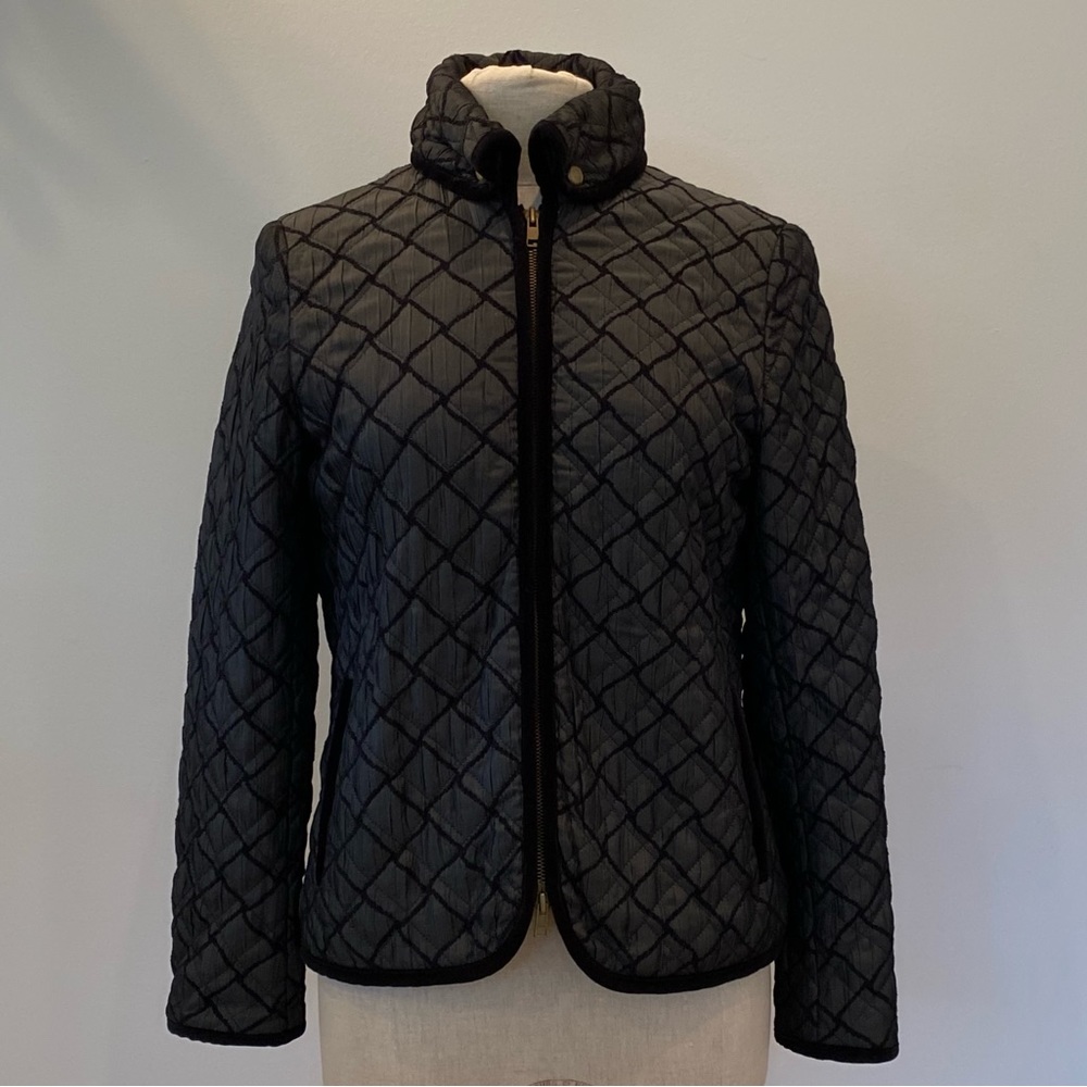 August Max Womens Black Quilted Jacket w Zipper with Black Velvet Trim / Size 1